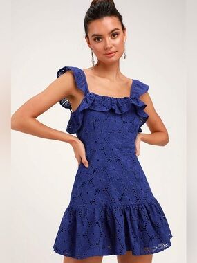 Lulus Biscay Cobalt Blue Ruffled Eyelet Lace Sleeveless Dress 💙